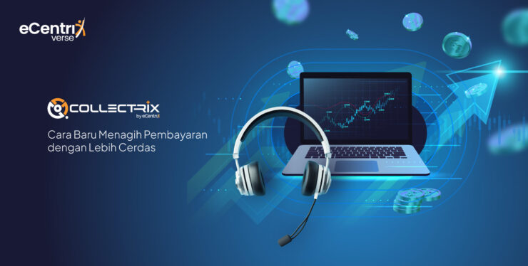Ilustrasi solusi Collectrix by eCentriX untuk penagihan cerdas, menampilkan elemen teknologi seperti laptop bergrafik finansial, headset, dan simbol mata uang digital.