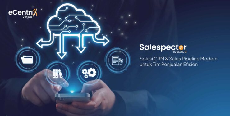 Gambar promosi platform Salespector yang menampilkan ilustrasi cloud computing terhubung ke berbagai ikon data dan dokumen, dengan seseorang menyentuh layar smartphone di latar depan, serta teks ‘Solusi CRM & Sales Pipeline Modern untuk Tim Penjualan Efisien’