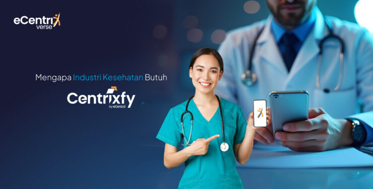 Ilustrasi contact center cloud Centrixfy untuk industri kesehatan, mendukung komunikasi pasien, rumah sakit, dan tenaga medis secara digital.
