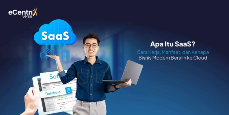 Ilustrasi SaaS berbasis cloud: solusi software modern yang fleksibel, efisien, dan siap mendukung bisnis di era digital.